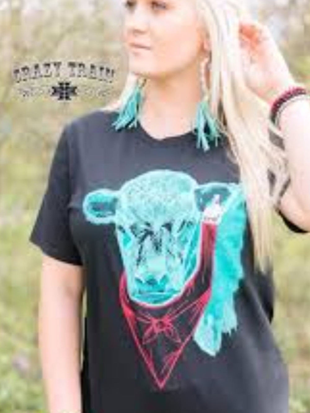 Crazy Train Teal Cow and Red Bandana Graphic